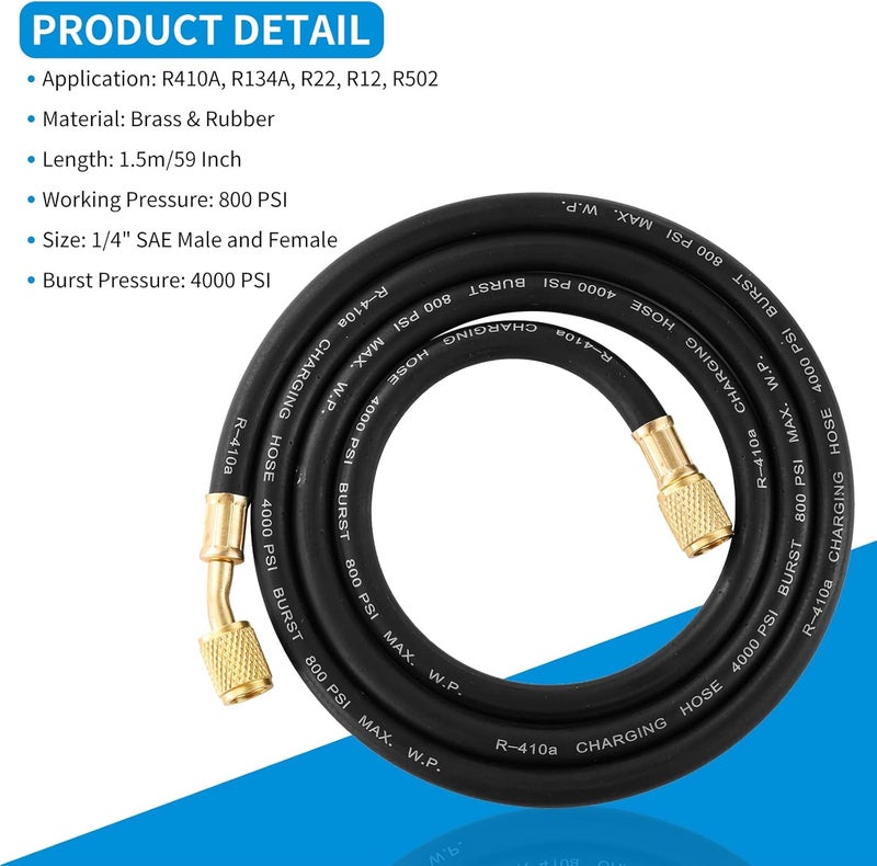 Tigbear R410A AC Refrigerant Charging Hoses, R410A HVAC Charging Hose with 1/4’’ SAE Flare for R410A R22 R134A R12 R502 Air Condition System, 59 Inch Length - Image 5